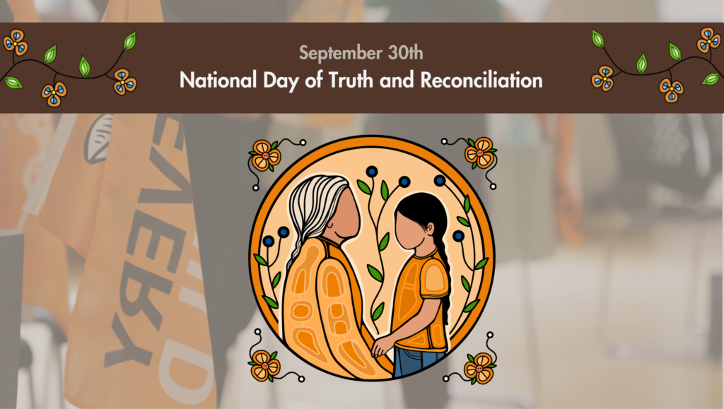 alt= Illustrated banner for National Day of Truth and Reconciliation on September 30th, featuring two figures holding hands inside a decorative circle.